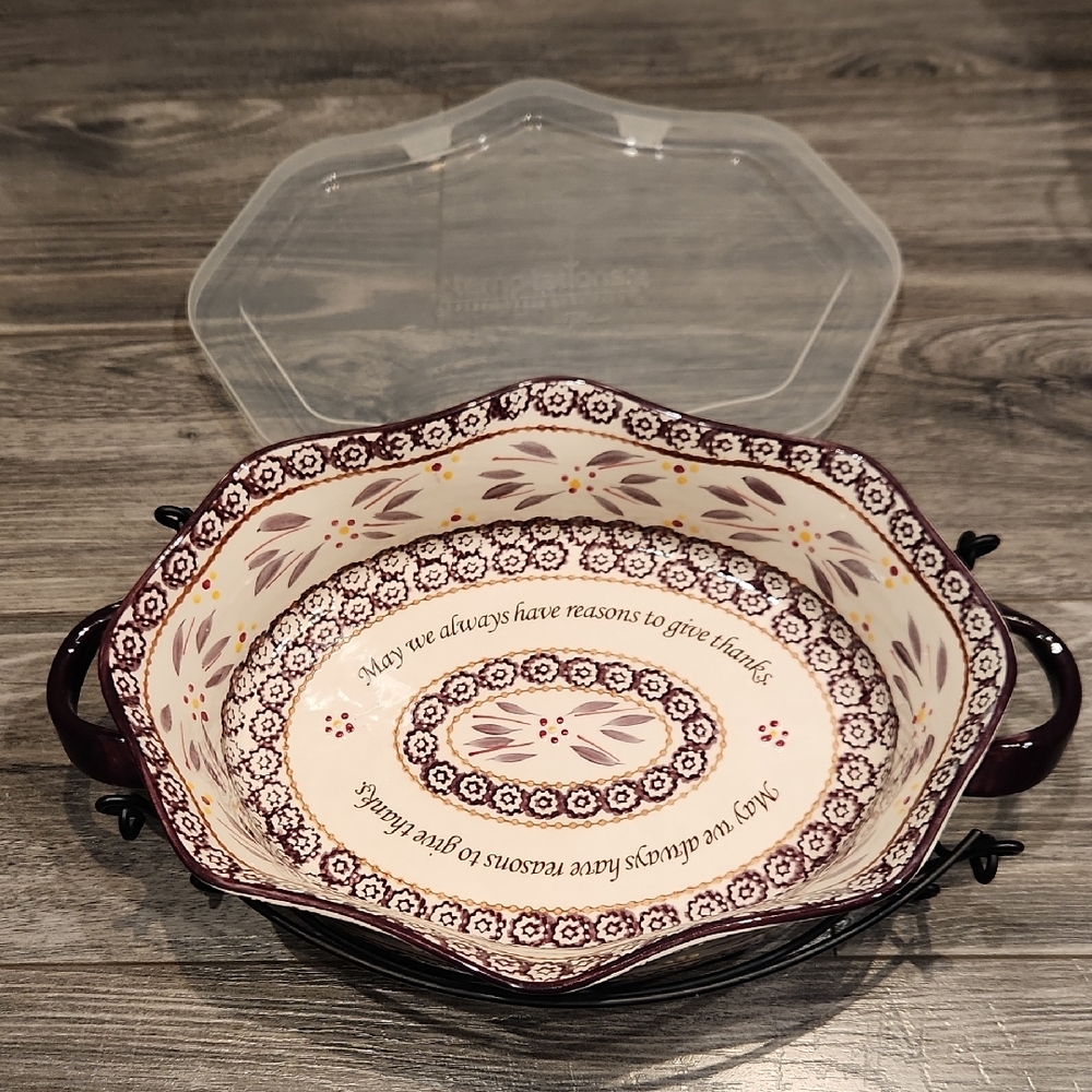 EUC Temptations 3PC Old World 3 Qt. Ovenware w/metal Holder & Plastic Cover